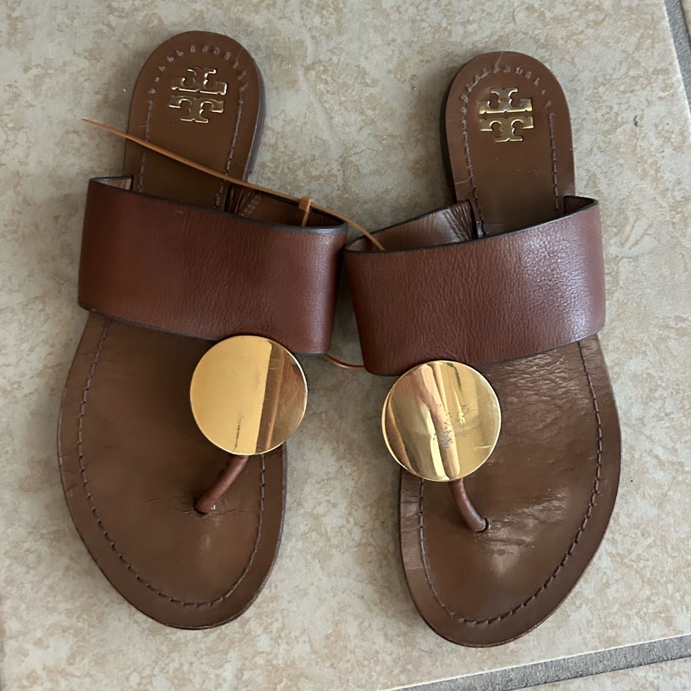 Tory Burch Brown Leather Slide Sandals with Gold Medallions
